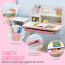 Set Scrivania e Sedia per Bambini da 3 Anni Regolabile Tavolo Inclinabile a 60° con Cassetto e Ripiani in PP e Acciaio Rosa      
