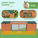 Conigliera in Legno con 2 Casette 140x52x46cm Recinto Centrale e Tetto Apribile Arancione