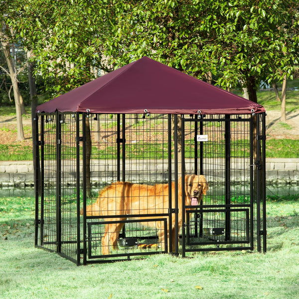 prezzo Enclos extérieur pour chien avec serrure 141x141x153 cm 2 écuelles rotatives et couvercle amovible Noir et rouge