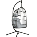 Sedia a Uovo Sospesa 105x101x196 cm con Supporto e Cinghia di Sicurezza in Metallo e Rattan PE Nero e Grigio Chiaro      