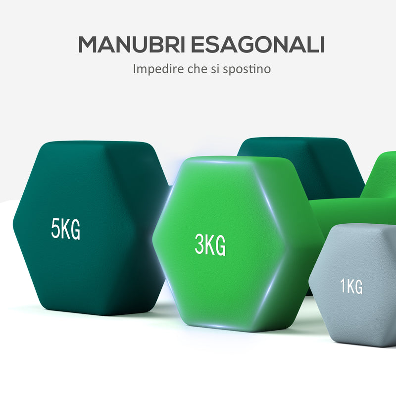 Set 6 Pesi Manubri con Supporto Coppie da 1-3-5 Kg in Metallo Verde e Nero   