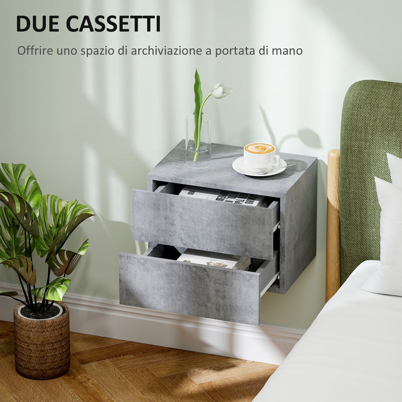 Set di 2 Comodini Sospesi Design Moderno 40x29x30 cm con 2 Cassetti Grigio Cemento 