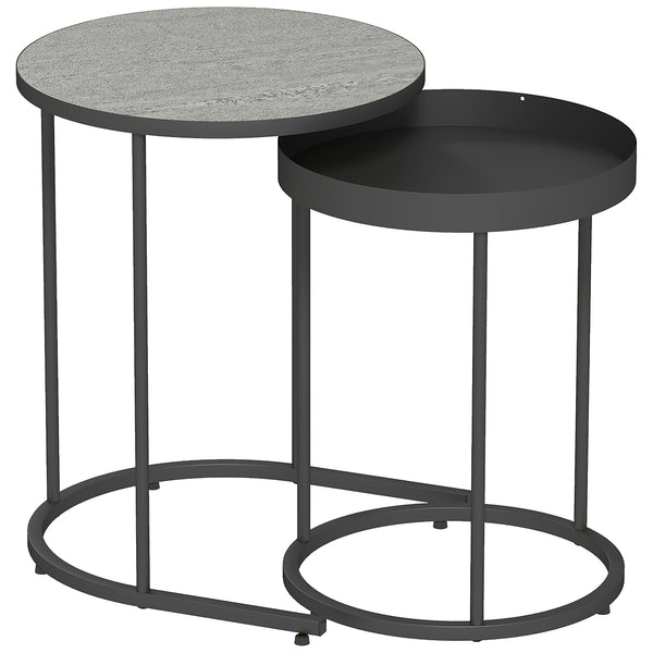 sconto Set 2 Tavolini da Salotto Impilabili in Stile Industriale Ø42x54 cm e Ø36,5x48,5 cm in Legno e Metallo Grigio e Nero