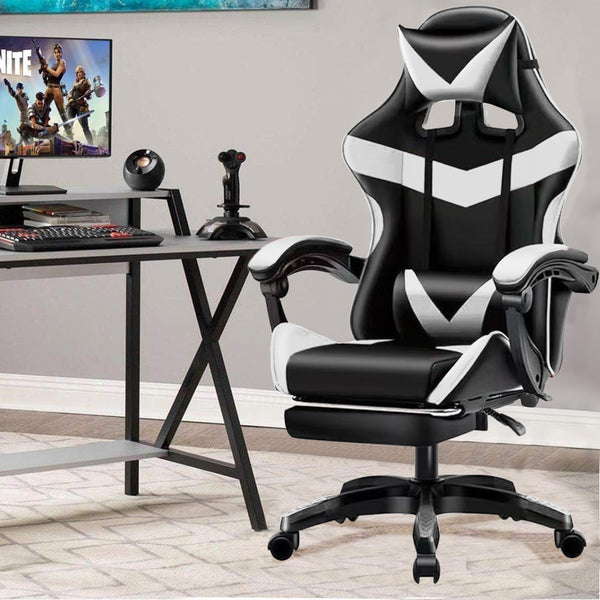 Sedia da Gaming Ergonomica con Poggiapiedi e Cuscini in PVC Bianco e Nero prezzo