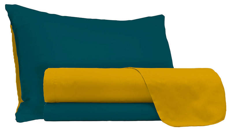 Set Lenzuola Sopra Sotto e Federe Doubleface Ocra/Verde Petrolio Singolo