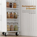 Carrello da Cucina 62x40x87 cm con Cassetto Armadietto Portasciugamani e 3 Portaspezie in Legno Bianco      
