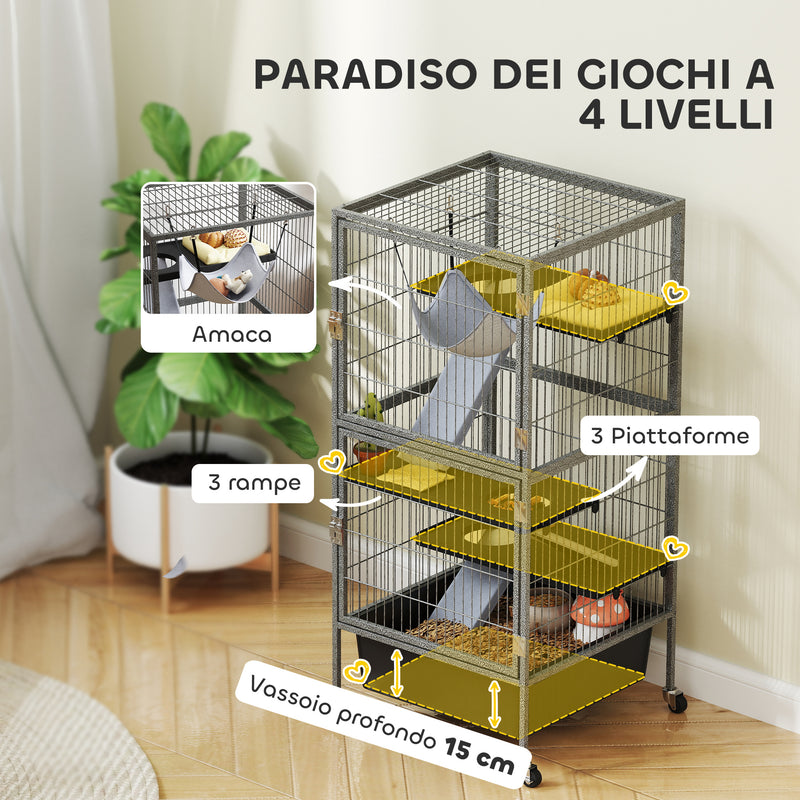 Gabbia per Piccoli Animali a 4 Livelli 52x52x115 cm con Rampe Amaca e Ruote Grigio   