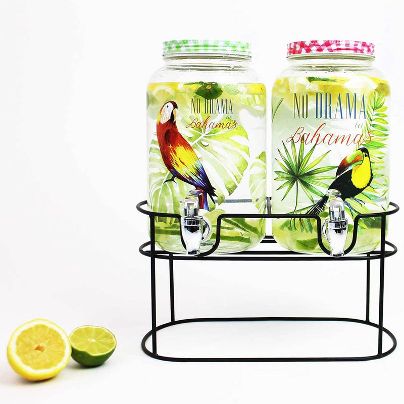 Dispenser Bibite con Rubinetto In Vetro 2 x 3Lt Erogatore Acqua Bevande Con Stand