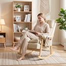 Sedia a Dondolo Imbottita 77x104x93 cm con Seduta Profonda Tasche Laterali e Gambe in Legno di Caucciù in Tessuto Tecnico Beige      