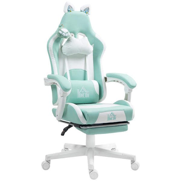 sconto Sedia da Gaming Ergonomica con Orecchie da Gatto Poggiapiedi Retrattile e Schienale Reclinabile 135° Bianco e Azzurro