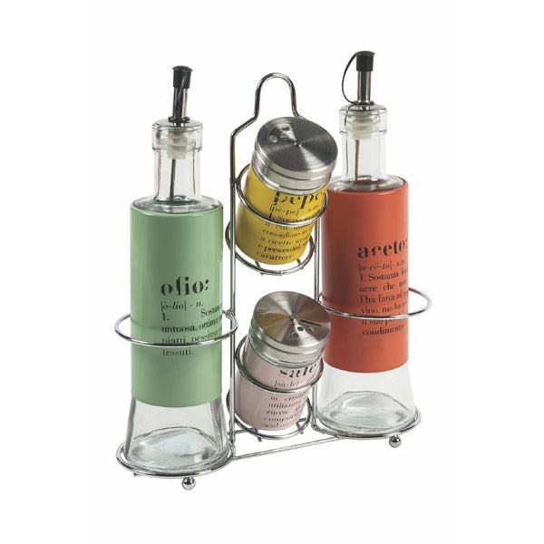 Menage Set Huile Vinaigre Sel et Poivre en Verre et Métal VdE Tivoli 1996 avec Support prezzo