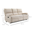 Divano 3 Posti Reclinabile Manuale 187x92x97 cm in Tessuto Beige