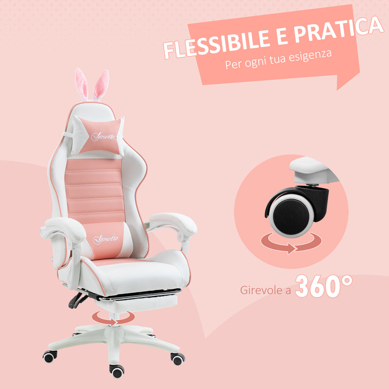 Sedia Gaming Ergonomica 65x63x136-142A cm con Orecchie in Finta Pelle Rosa  