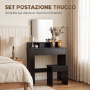 Tavolo da Trucco con Specchio 75x38x135 cm con 3 Ripiani 2 Cassetti e Sgabello in Legno e Vetro Nero      
