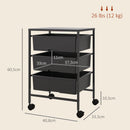 Carrello Multiuso 40,8x33,5x60,5 cm con 3 Cestini Estraibili e Ruote per Cucina e Ufficio in Acciaio e PP Nero      