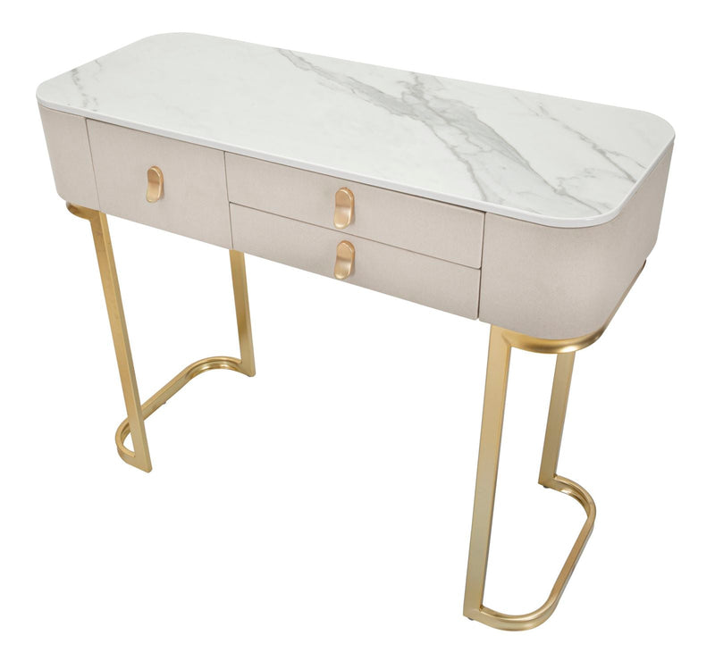 Console Fissa 3 Cassetti Beauty 100x80x40 cm in Legno MDF e Metallo Crema/Oro