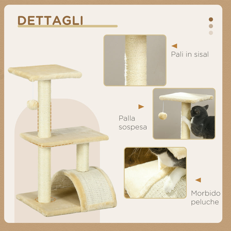 Tiragraffi per Gatti Albero a 3 Livelli 40x35x72 cm in Peluche e Sisal Crema  