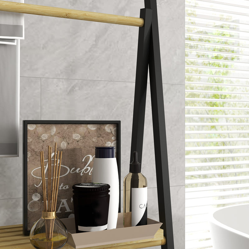 Portasciugamani da Terra Pieghevole 3 Barre e 3 Ripiani 53x31x153 cm in Bambù e Acciaio Nero