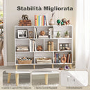 Libreria a 10 Cubi e 3 Ripiani 140x24x107 cm con Gambe in Legno Massello in Truciolare e MDF Bianco Effetto Legno      