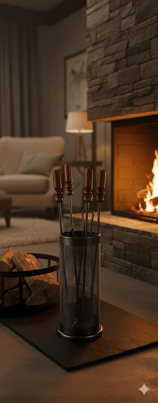 Trespolo per Attrezzi Camino Barilotto a Rete con Paletta Scopino Attizzino e Pinza Ø18x62 cm in Ferro e Legno Grigio Martellato