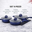 Set 6 Pezzi Padelle con Coperchio 20-24-28 cm in Alluminio Blu