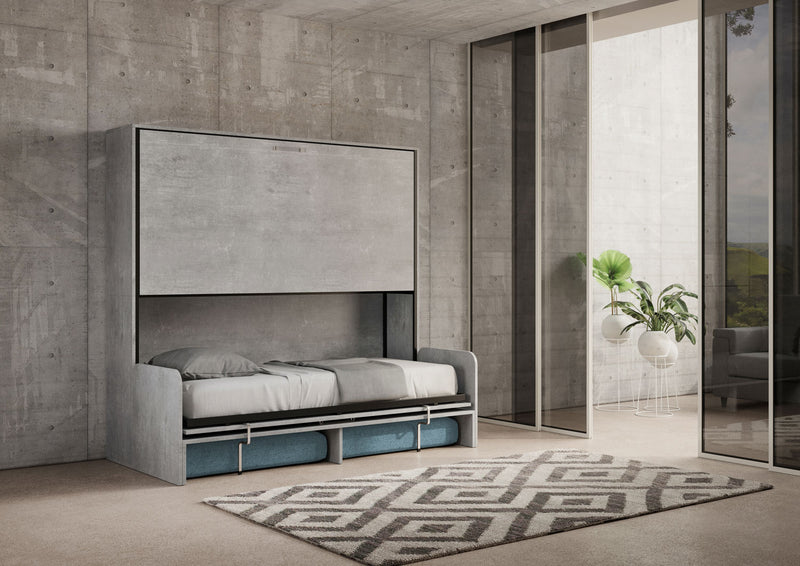 Letto Doppio A Scomparsa Kando Con Divano Con Materassi Cemento e Azzurro      