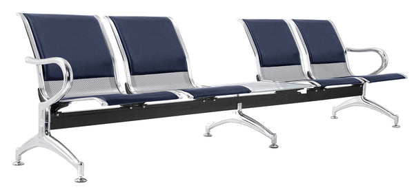 online Banc de Bureau pour Salle d'Attente 4 Places avec Coussin et Table Basse en Acier et Simili Cuir Argenté/Bleu Marine