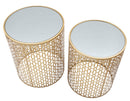 Tavolinetti Coppia Oblin Ø41x50-37,5x47 cm in Ferro MDF e Vetro Oro