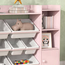 Scaffale Portagiochi per Bambini 140x30x90 cm con 8 Contenitori Rimovibili e Armadietti in MDF Rosa      