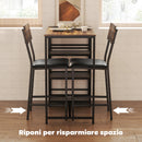 Tavolo da Bar a 3 Ripiani e 2 Sgabelli con Poggiapiedi e Schienale in Legno e Acciaio Nero e color Noce      