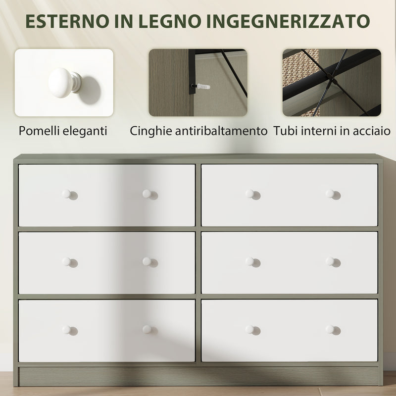 Cassettiera con 6 Cassetti in Tessuto 114x30x70 cm con Maniglie Doppie Struttura in MDF Bianco e Grigio  