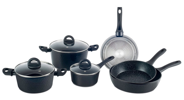 sconto Batterie de Cuisine 9 Pièces en Aluminium Antiadhésif Induction Effet Pierre VdE Tivoli 1996 Noir Martelé