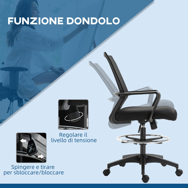 Sedia da Ufficio Regolabile con Braccioli e Anello Poggiapiedi 64x59x104-124 cm in Tessuto a Rete Nero  