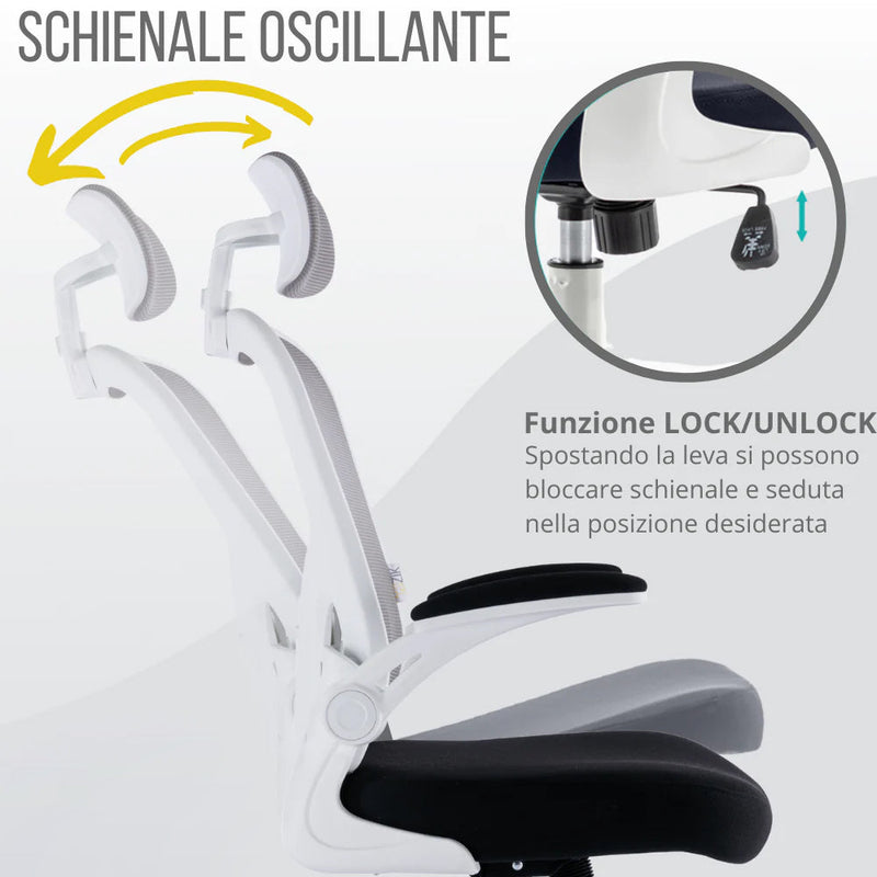 Sedia Direzionale da Ufficio 62x63x119/129 cm Ergonomica con Braccioli Pieghevoli Certificata EN1335 Bianca e Nera