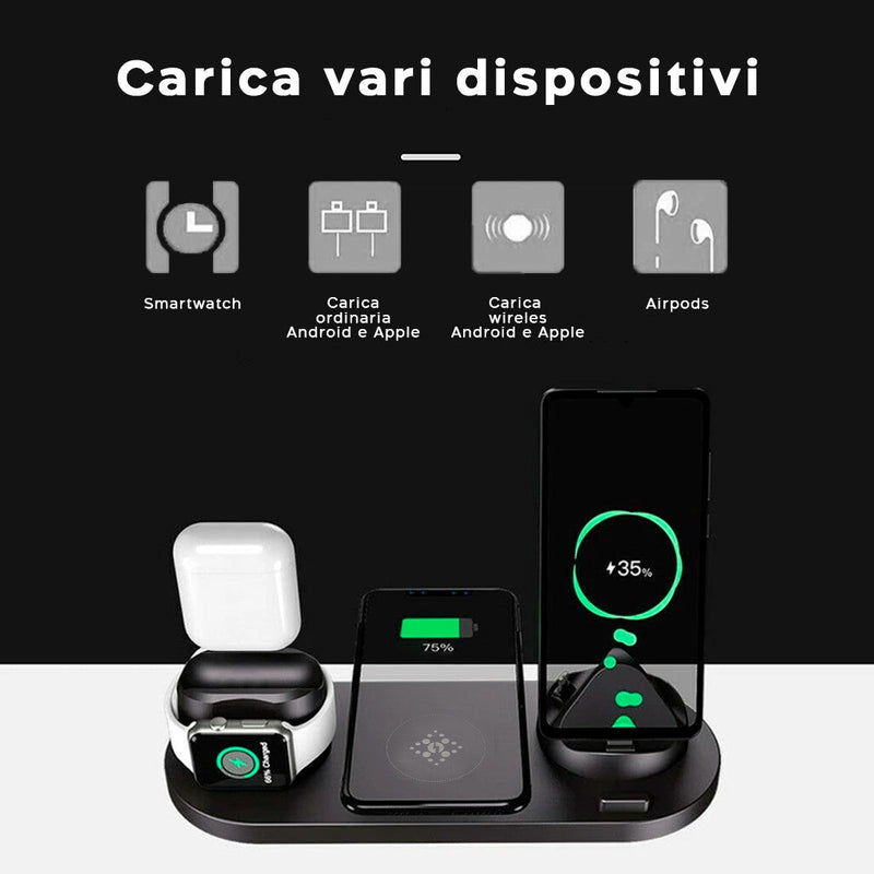Stazione di Ricarica Wireless 6 in 1 Compatibile per  iPhone AirPods Apple Watch Nero