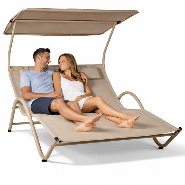 acquista Lettino Lounge 2 Posti da Esterno 200x145x135 cm Tetto Parasole Anti UV Telaio Tubolare Sabbia
