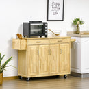 Carrello da Cucina 2 Cassetti 4 Ante 136x47x91,5 cm con Ruote in Legno Naturale