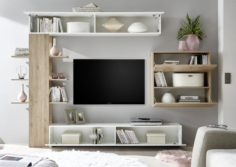 Parete Attrezzata Mobili Soggiorno Mobile TV Libreria 2 Pensili TFT Akira 1 Bianco Lucido