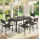 Set da Pranzo da Esterno Tavolo con Foro Ombrellone 150x80x74 cm e 6 Sedie 55x60x83 in Acciaio e PP cm Nero      