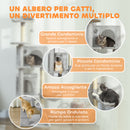 Albero Tiragraffi per Gatti Alto 160 cm con 2 Casette Amaca Lettino e Pali in Sisal Grigio      