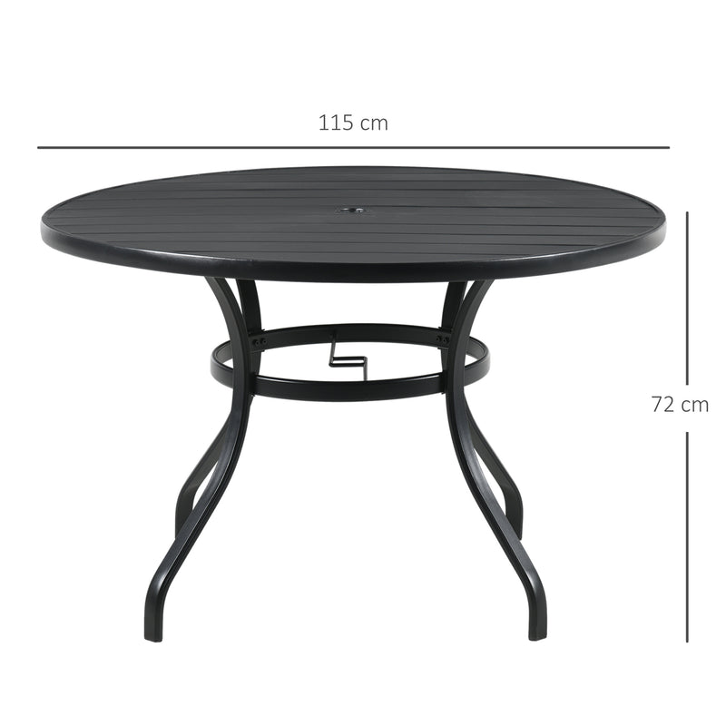 Tavolo da Giardino Rotondo per 4 Persone Ø115x72cm con Foro per Ombrellone e Doghe in Metallo Nero-3