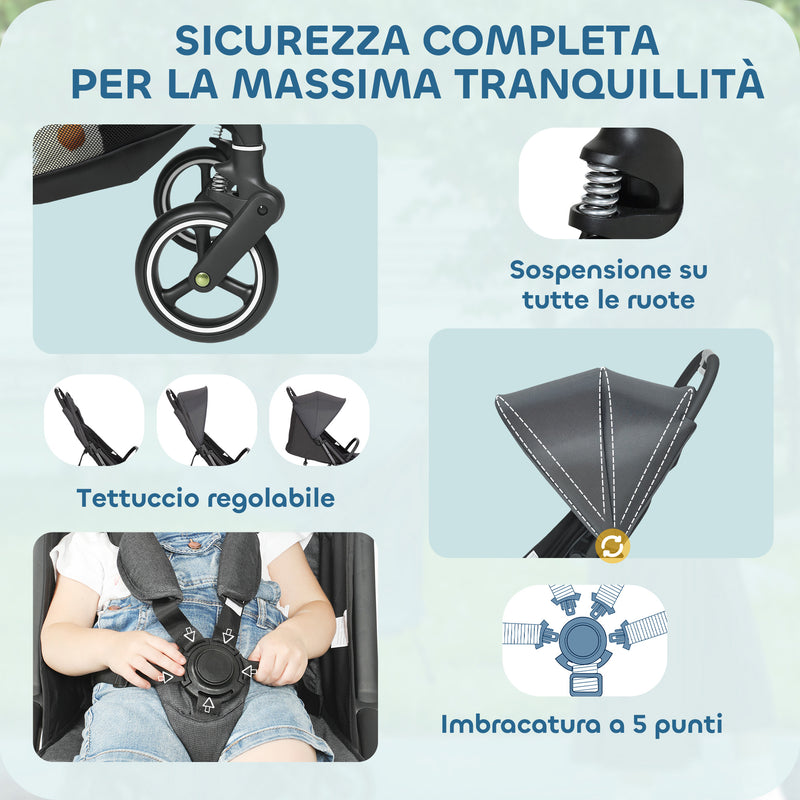 Passeggino per Bambini 0-3 Anni Pieghevole e Leggero Fino a 15 kg Chiusura a Una Mano in Tessuto Grigio Scuro      
