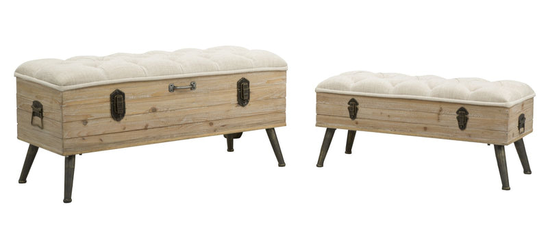 Set 2 Pouf Contenitore Tirana Coppia 102x43,5x49,5 - 82x36x37 cm in Legno e Ferro 