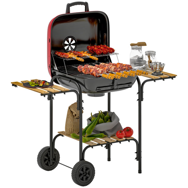 Barbecue a Carbone 98x54x91 cm Coperchio con Presa d'Aria Regolabile 3 Ripiani e Ruote in Acciaio e Legno Rosso prezzo