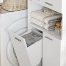 Mobile da Bagno 60x30x174 cm a 2 Ante con Cesto Portabiancheria a Ribalta e Ripiano Aperto in Legno Bianco      