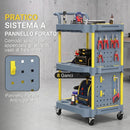 Carrello Portautensili a 3 Ripiani 64x48x95,5 cm con Pannello Forato Ganci Ruote a Freno e Maniglia in PP e Alluminio Grigio e Giallo      
