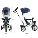 Passeggino Triciclo per Bambini con Maniglione Tetto Parapioggia Regolabile e Cestino Blu 