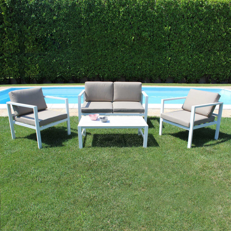 Set Salotto da Giardino Divano 2 Poltrone e Tavolino con Cuscini in Alluminio Bianco