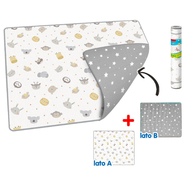 sconto Tappeto Morbido per Bambini 200x150 cm Arrotolabile Doppia Grafica Animali e Stelline Multicolore