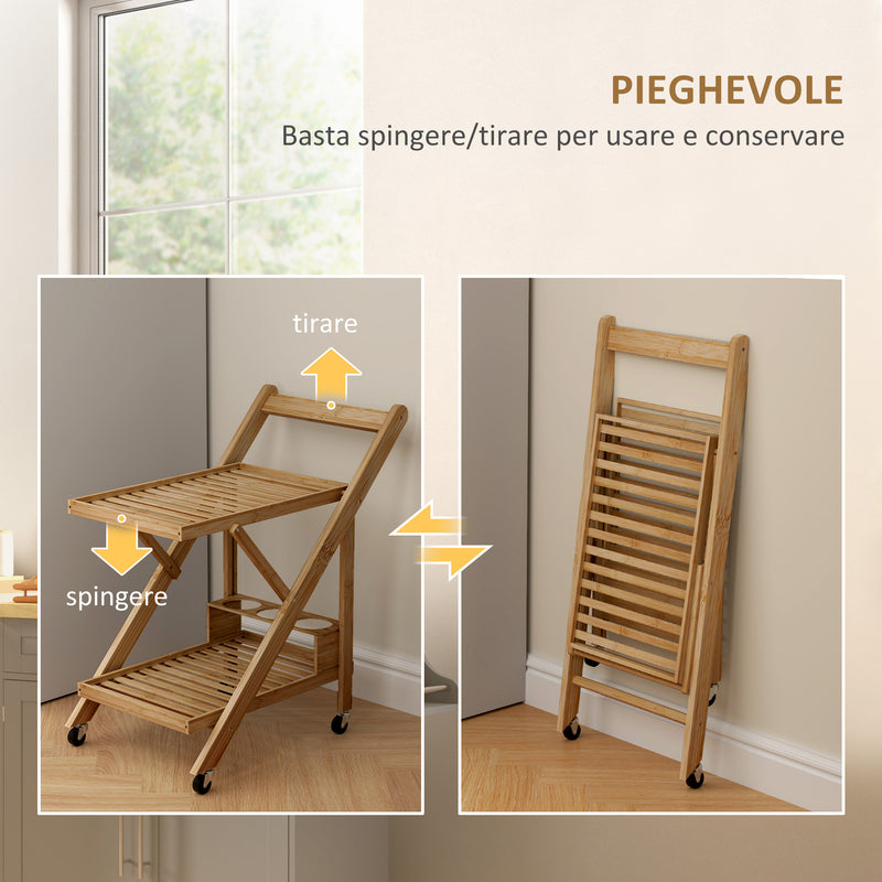 Carrello da Cucina Portavivande Pieghevole 66x40x70 cm a 2 Livelli con Portabottiglie in Legno di Bambù   
